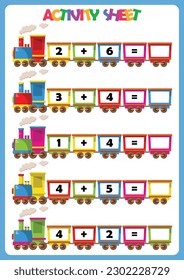 Counting educational children game, math kids activity sheet. Cartoon train.