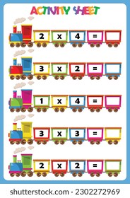 Counting educational children game, math kids activity sheet. Cartoon train. Activity sheet math theme 3.