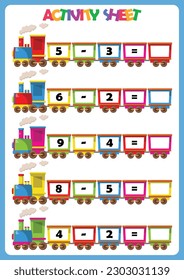 Counting educational children game, math kids activity sheet. Cartoon train. Activity sheet math theme 2.