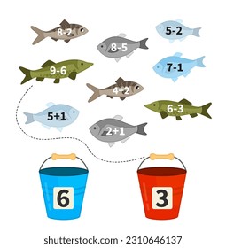 Counting educational children game, math kids activity sheet. Put the fish in buckets.

