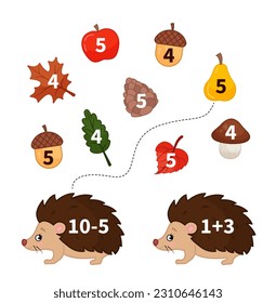 Counting educational children game, math kids activity sheet. Put the leaves and mushrooms on the backs of the hedgehogs.

