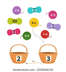 Counting educational children game, math kids activity sheet. Place yarn in baskets.
