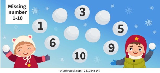 Counting educational children game, math kids activity sheet. Have the kids fill in the missing numbers in the snowballs.
