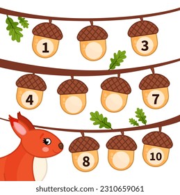 Counting educational children game, math kids activity sheet. Have the squirrel fill in the missing numbers in the acorns.
