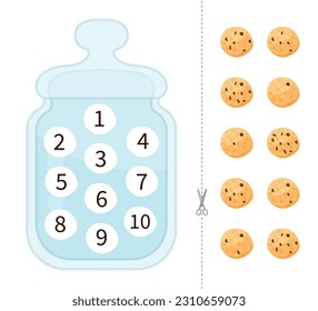 Zählt erzieherisches Kinderspiel, Mathe-Kinder-Aktivitätsblatt. Lege die Kekse in das Glas an die richtige Stelle.
