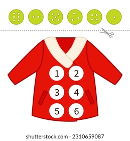 Counting educational children game, math kids activity sheet. Glue the buttons to the coat.
