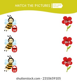 Counting educational children game, math kids activity sheet. Plant each bee on its own flower.
