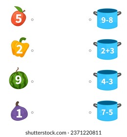 Contando juego de niños educacionales, hoja de actividades de niños matemáticos. ¿Cuántos objetos se realizan? Colocar la comida en la sartén correcta.