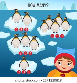 Contando juego de niños educacionales, hoja de actividades de niños matemáticos. ¿Cuántos objetos se realizan? Cuente cuántos pingüinos hay en cada hielo.