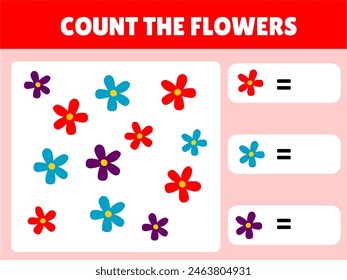 Contando el juego educativo de los niños, hoja de actividad de los niños matemáticos. ¿Cuántas flores rojas flores azules flores púrpuras. contando juego. niños actividad kindergarten. matemáticas diversión