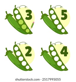 Counting educational children game, math kids activity sheet. How many objects task. Color the peas in the pod according to the number.
