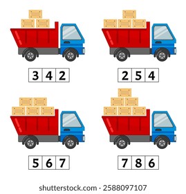 Counting educational children game, math kids activity sheet. How many objects task. Vector illustration of a truck carrying cargo.
