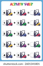 Counting educational children game, math kids activity sheet. Cartoon Forklift.