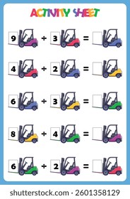 Counting educational children game, math kids activity sheet. Cartoon Forklift.