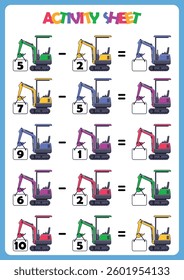 Counting educational children game, math kids activity sheet. Cartoon Excavator.