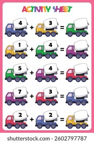 Counting educational children game, math kids activity sheet. Cartoon Mixer Truck.