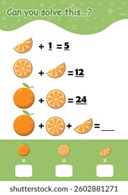 Counting educational children game, math kids activity sheet. Cartoon Orange fruit.