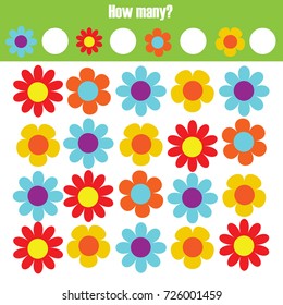 Counting educational children game, math kids activity sheet. How many objects task. Learning mathematics, numbers, addition theme