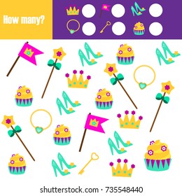 Counting educational children game, math kids activity sheet. How many objects task. Learning mathematics, numbers, addition theme