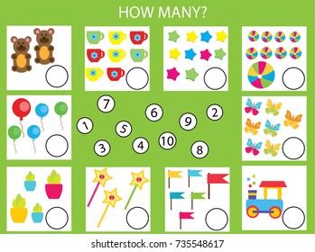 Counting educational children game, math kids activity sheet. How many objects task. Learning mathematics, numbers, addition theme