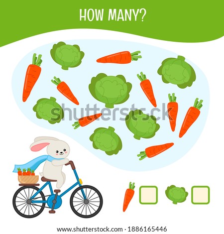 Counting educational children game, math kids activity sheet. How many  cabbage and carrots?