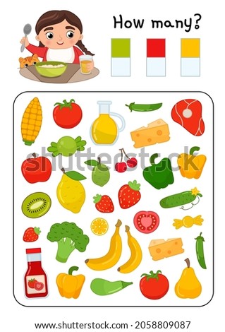 Counting educational children game, math kids activity sheet. How many objects task. Count how many products of different colors.
