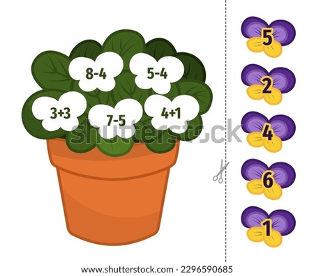 Counting educational children game, math kids activity sheet. Cut out and glue the flowers in the right place.
