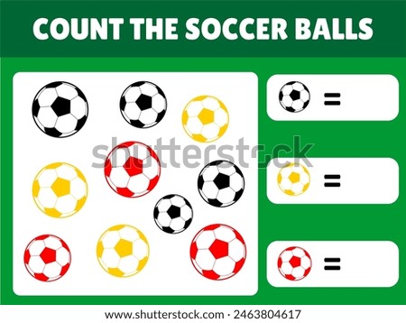 Counting educational children game, math kids activity sheet. How many the black soccerballs red soccer balls yellow soccerballs. counting game. kids activity kindergarten. math fun