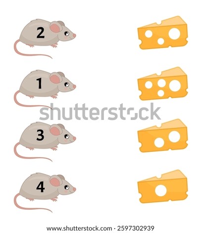 Counting educational children game, math kids activity sheet. How many objects task. Match the mice and the cheese.
