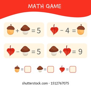 Counting educational children game. Mathematical examples for kids with cartoon leaves, mushrooms.
