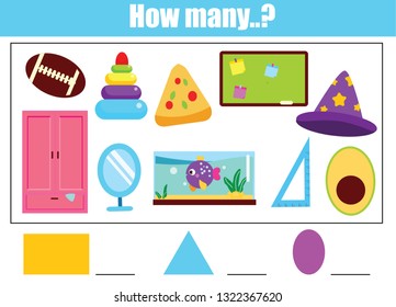 Counting educational children game. mathematics activity sheet. How many objects. study geometric shapes early education for kids and toddlers