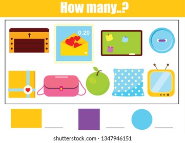 Counting educational children game. mathematics activity sheet. How many objects. study geometric shapes. early education for kids and toddlers