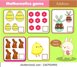 Counting educational children game. Mathematics activity for kids and toddlers. How many objects. Study math, numbers, addition. Easter activity for pre school