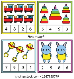 Counting educational children game. Mathematics activity for kids and toddlers. How many objects. Study math, numbers, addition. Toys