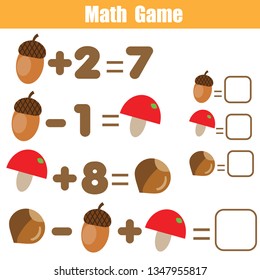 Counting educational children game. Mathematics activity for kids and toddlers. Solve equation. Study math, addition, subtraction