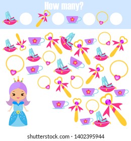Counting educational children game. Mathematics kids activity sheet. How many objects. Study mathematics, numbers, addition Princess theme worksheet
