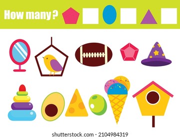 Counting Educational Children Game. Mathematics Activity Sheet. How Many Objects. Study Geometric Shapes. Early Education For Kids And Toddlers