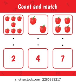 Counting educational children game of peppers. How many vegetables. Kids activity worksheet. Learning mathematics