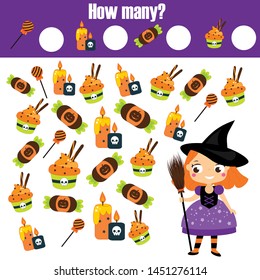 Counting Educational Children Game. Study Math, Numbers, Addition For Preschool. Halloween Theme Kids Mathematics Activity