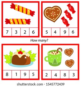 Counting educational children game. Study math, numbers, addition for preschool. Christmas theme kids mathematics activity