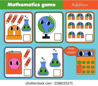 Counting educational children game. Study math, numbers, addition for preschool. Back to school theme kids mathematics activity