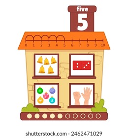 Counting educational children material. Cartoon house for teaching children ordinal numbers. Learning counting 1-10.

