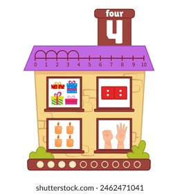 Counting educational children material. Cartoon house for teaching children ordinal numbers.
