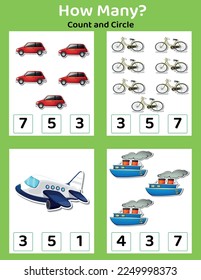 Counting educational children's game, activity sheet for kids How many objects are there in the task? Learning mathematics, numbers, addition theme