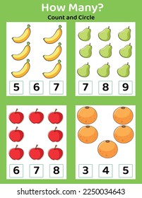 A counting educational children's game, activity sheet for kids The task contains how many objects (fruits)? Learning mathematics, numbers, addition theme