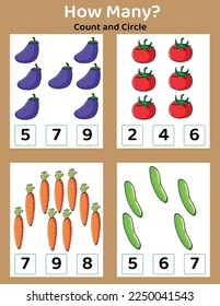 A counting educational children's game, activity sheet for kids The task contains how many objects (vegetables)? Learning mathematics, numbers, addition theme