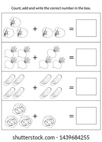 Counting educational children's games, children's sheet. How many objects is the task. The study of mathematics, numbers, the theme of addition. Vector graphics