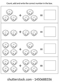 Counting educational children's games, children's sheet. How many objects is the task. The study of mathematics, numbers, the theme of addition. Vector graphics