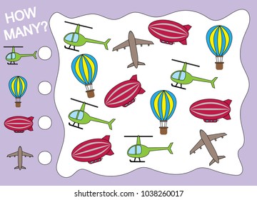 Counting educational game for children. Count how many object of air transport. Vector illustration.