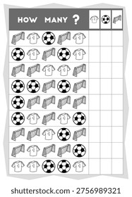 Counting educational game for children. Count how many Football objects in each row and write the result! Black and white outline contour sport coloring page for preschool kids